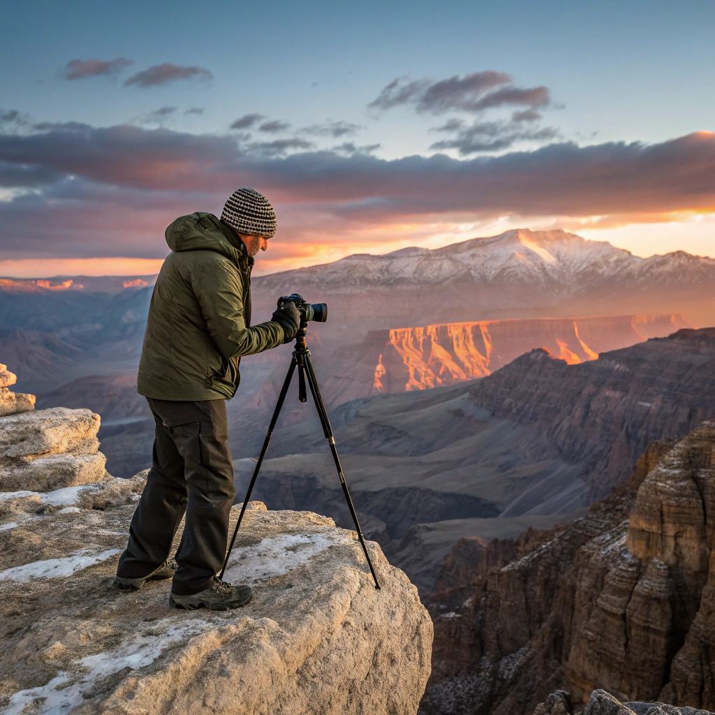 Hiker standing on a rocky peak overlooking mountains