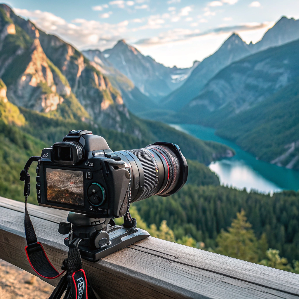 Close up of a camera lens with a scenic reflection